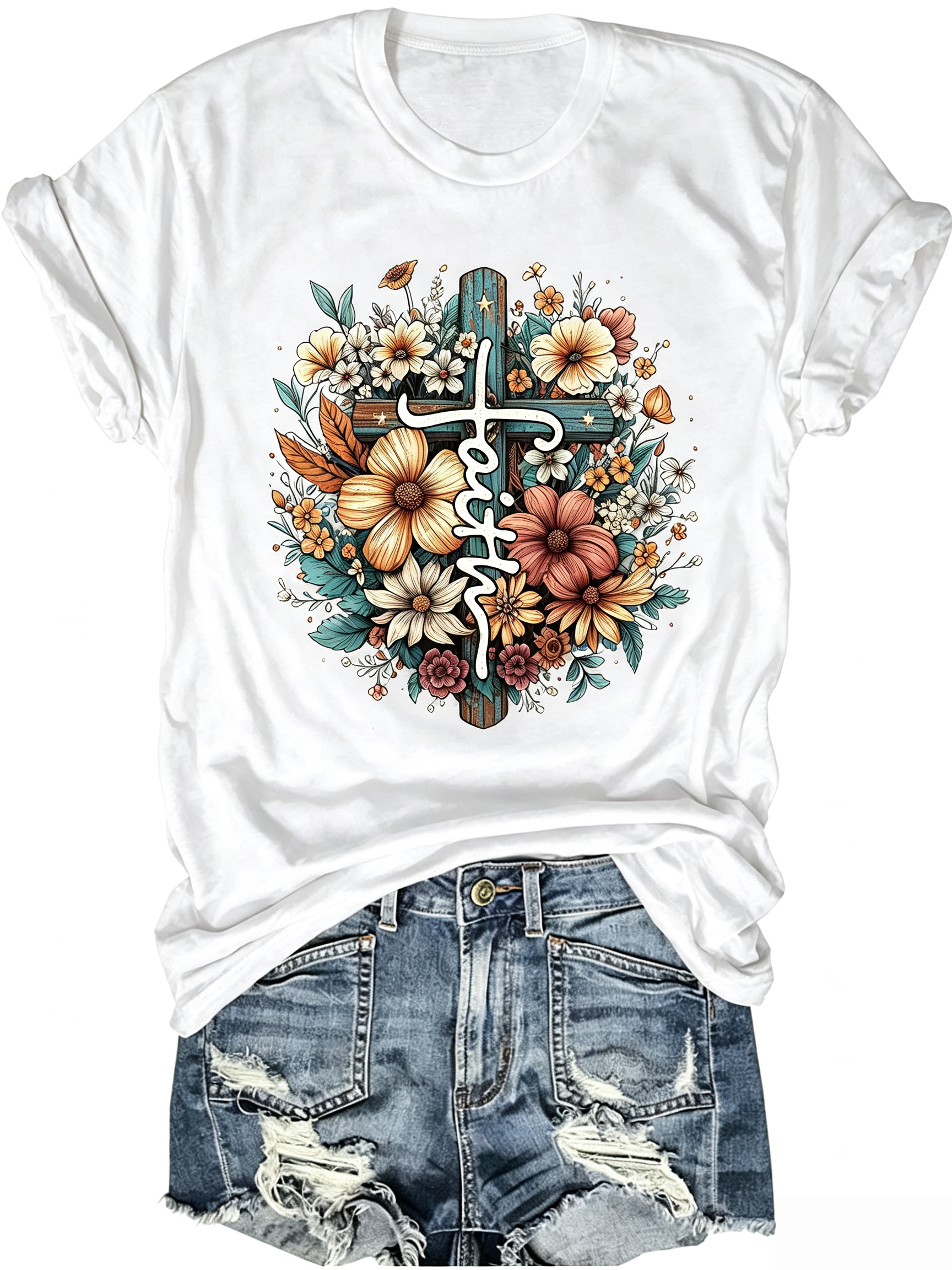 Faith T-Shirt Christian Cross Floral Tee For Women