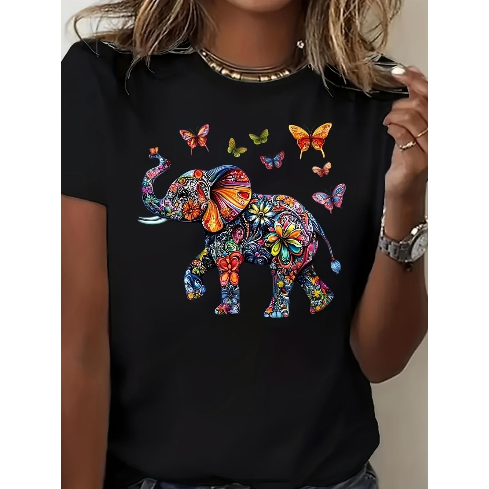 Boho Elephant Multicolor Pattern Short Sleeve Unisex Tee, All Season Casual Graphic T-Shirt, Vibrant Ethnic Style Top Perfect For Beach Trips, Music Festivals, Vacation And Daily Casual Outfits