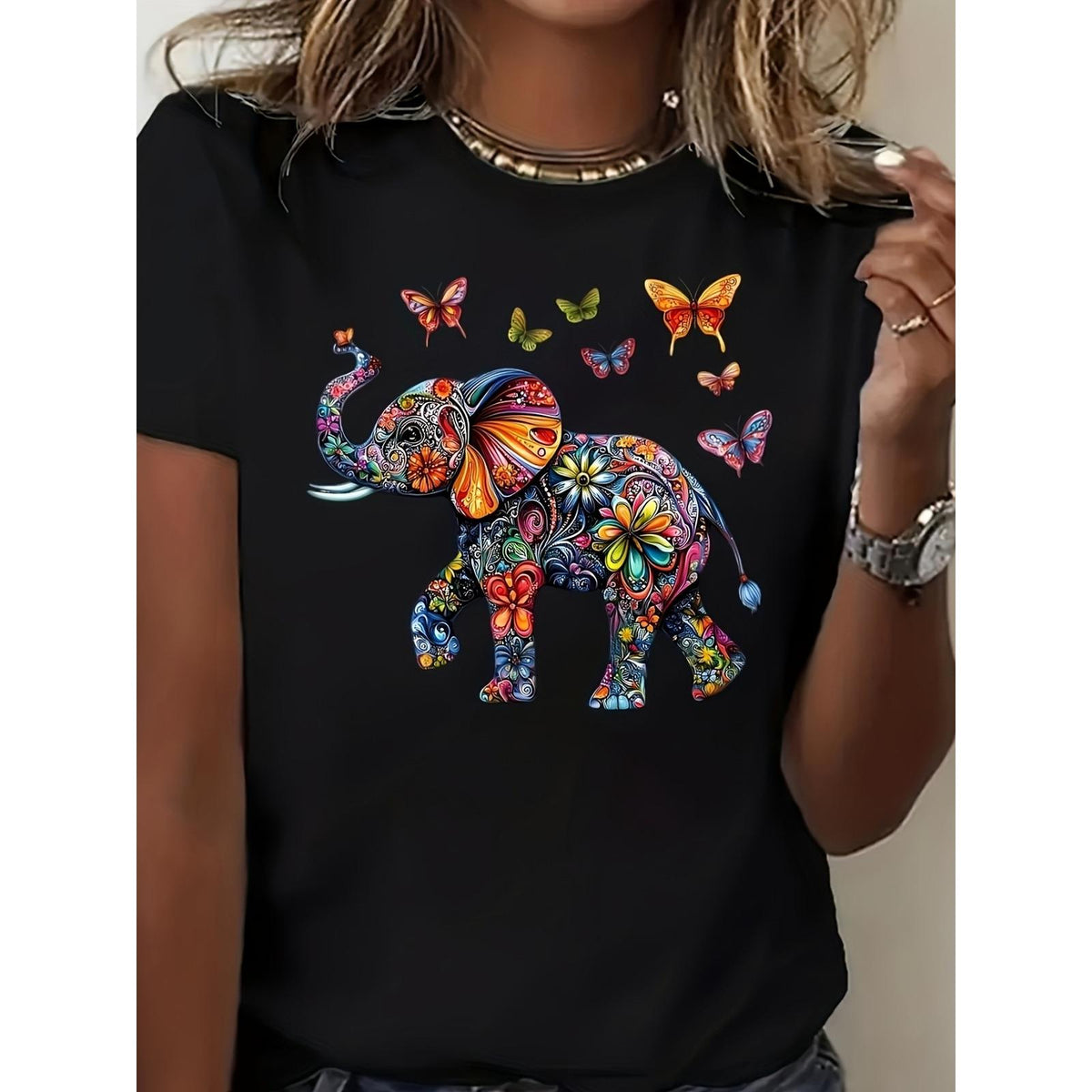 Boho Elephant Multicolor Pattern Short Sleeve Unisex Tee, All Season Casual Graphic T-Shirt, Vibrant Ethnic Style Top Perfect For Beach Trips, Music Festivals, Vacation And Daily Casual Outfits