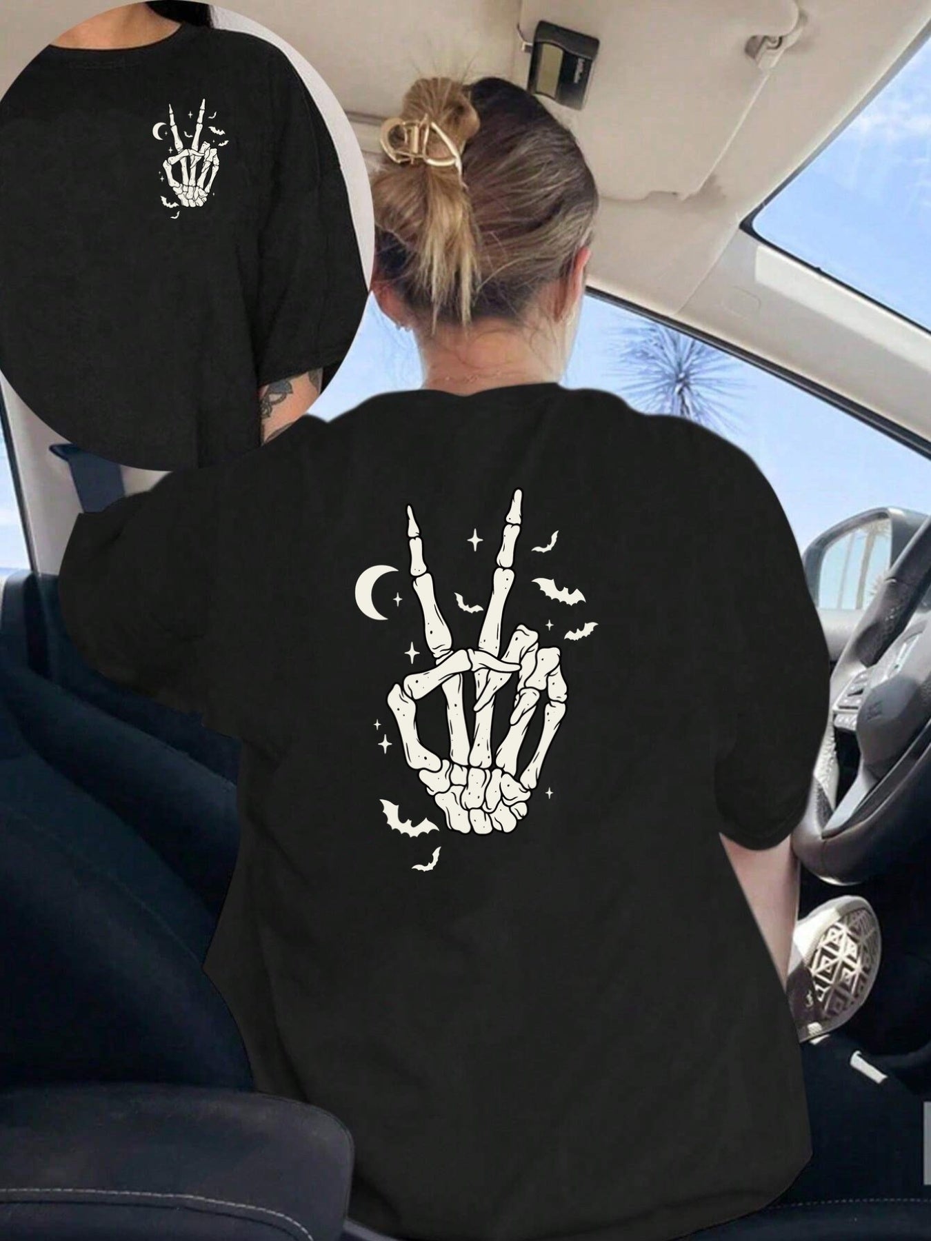 Printed T-shirt, Skull Hand Gesture, Halloween Pattern Women's Crew Neck Casual Short Sleeve, Trendy Fashion Casual Style, Women's Double-sided Print Top