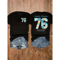 Seaside Dreamy Pattern And Letter Printed Double-Sided T-Shirt