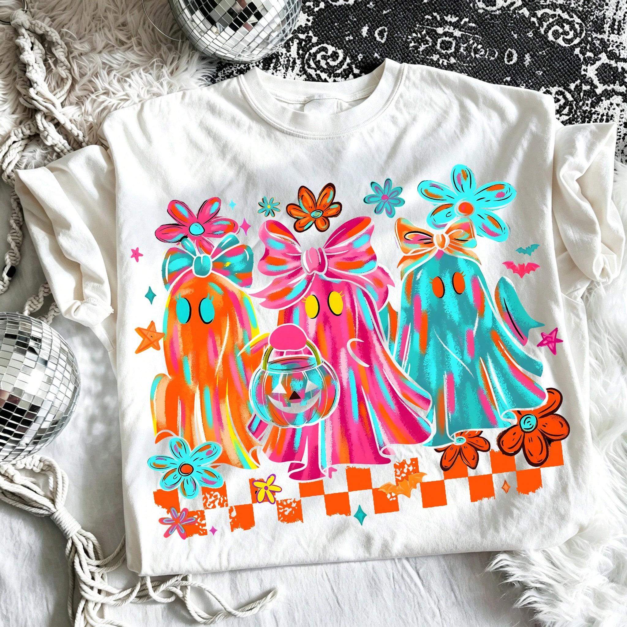 Neon Ghost Bow Graphic Tee Checkerboard Halloween Pumpkin Bucket Print Preppy Top