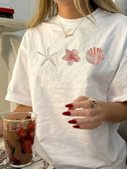 Women's Graphic T-Shirt with Starfish & Shell Print, Casual Slim Fit Short Sleeve Round Neck Ocean Life Top for Summer Beach