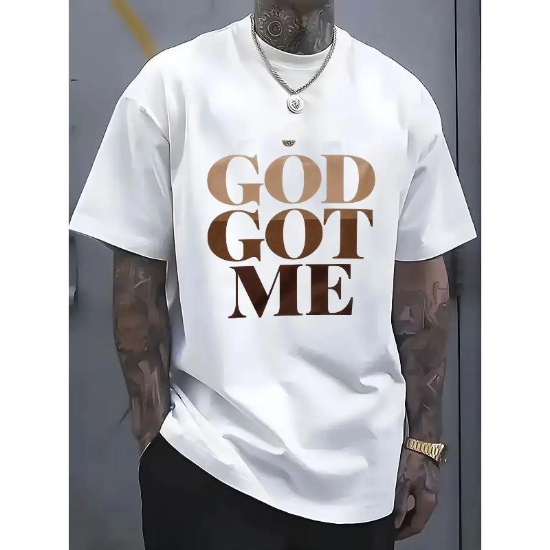 White Short-Sleeved Men's  Graphic T-Shirt - 'GOD GOT ME' Bold Gradient Print with Crown Emblem, Casual Style, Ideal for Casual Attire