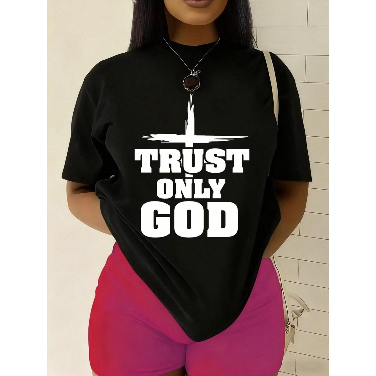 Women'S Trust Only God Christian Faith T-Shirt - Black With Lettering & Cross Design, Casual Round Neck Short Sleeve, Funny Religious Statement Tee For Church Events, Casual Attire Christmas Gifts