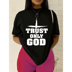 Women'S Trust Only God Christian Faith T-Shirt - Black With Lettering & Cross Design, Casual Round Neck Short Sleeve, Funny Religious Statement Tee For Church Events, Casual Attire Christmas Gifts