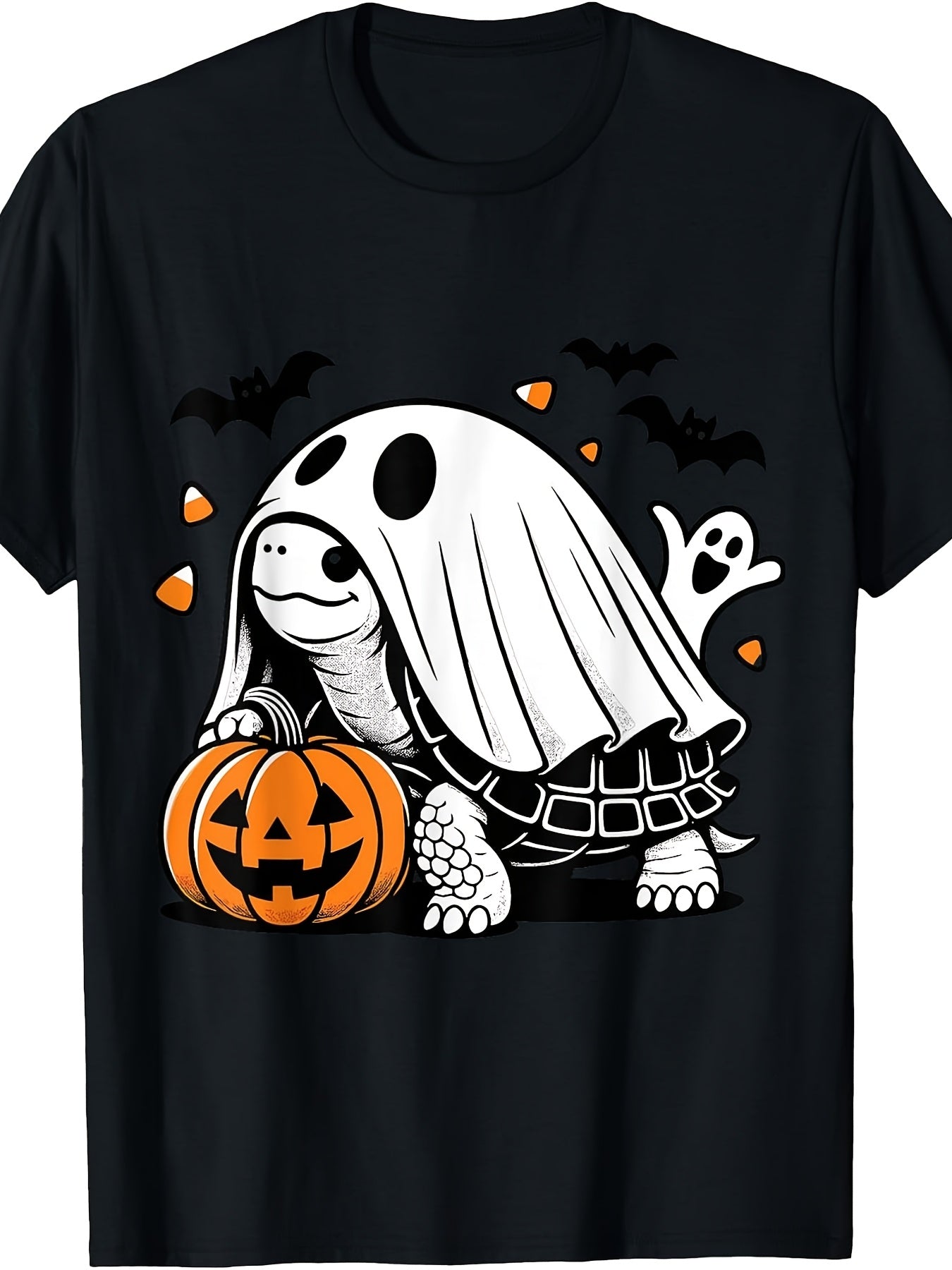 Halloween Ghost Turtle Pumpkin Candy Graphic T-Shirt, Unisex Cotton Crew Neck Short Sleeve Tee, Cute Retro Tortoise Casual Novelty Shirt, Gift For Halloween And Turtle Lovers