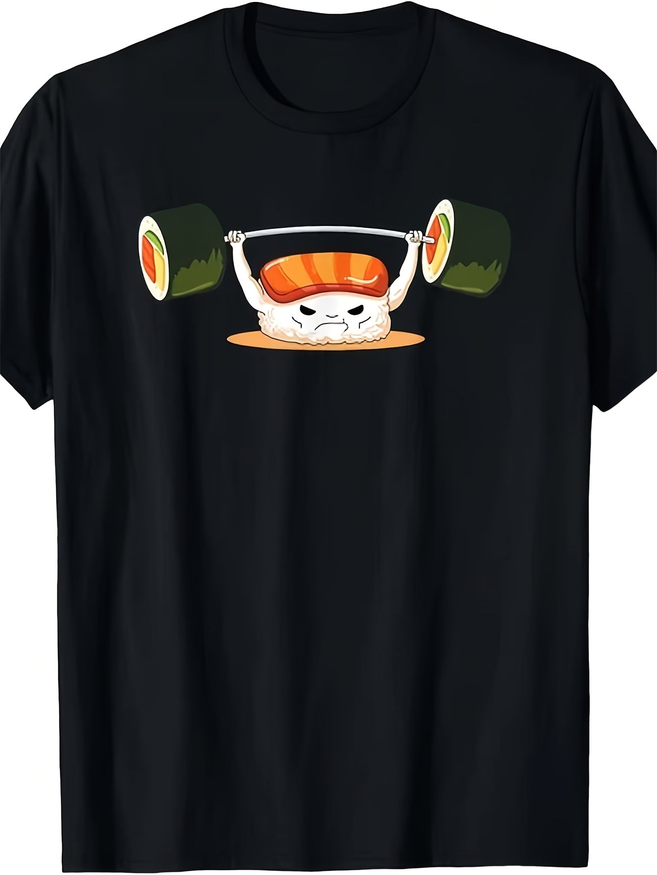 Funny Cute Weightlifting Salmon Sushi Graphic T-Shirt, Unisex Soft Cotton Crew Neck Top, All Season Funny Gym Tee, Casual Workout Outfit for Fitness Fans and Japanese Sushi Lovers
