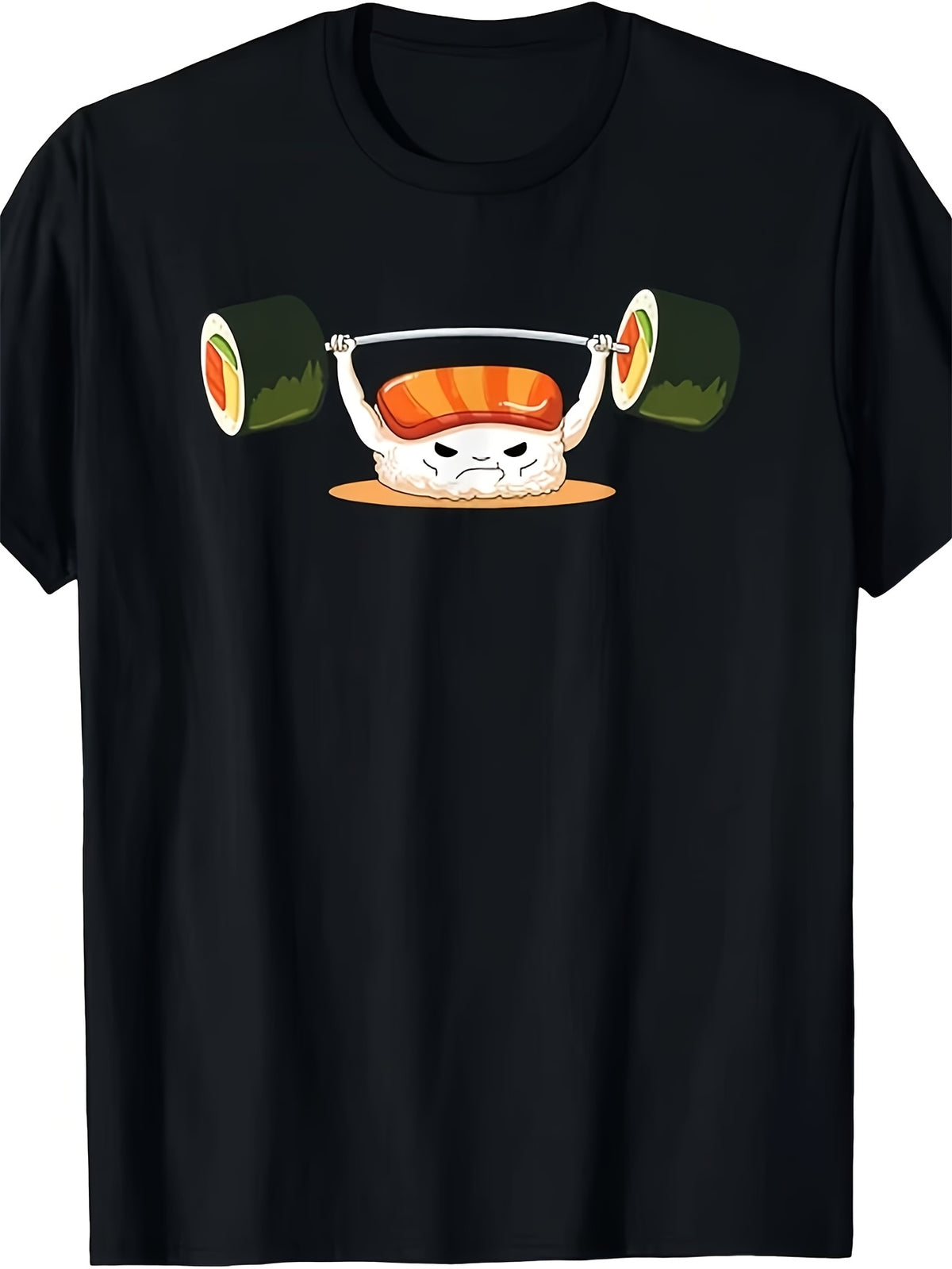 Funny Cute Weightlifting Salmon Sushi Graphic T-Shirt, Unisex Soft Cotton Crew Neck Top, All Season Funny Gym Tee, Casual Workout Outfit for Fitness Fans and Japanese Sushi Lovers