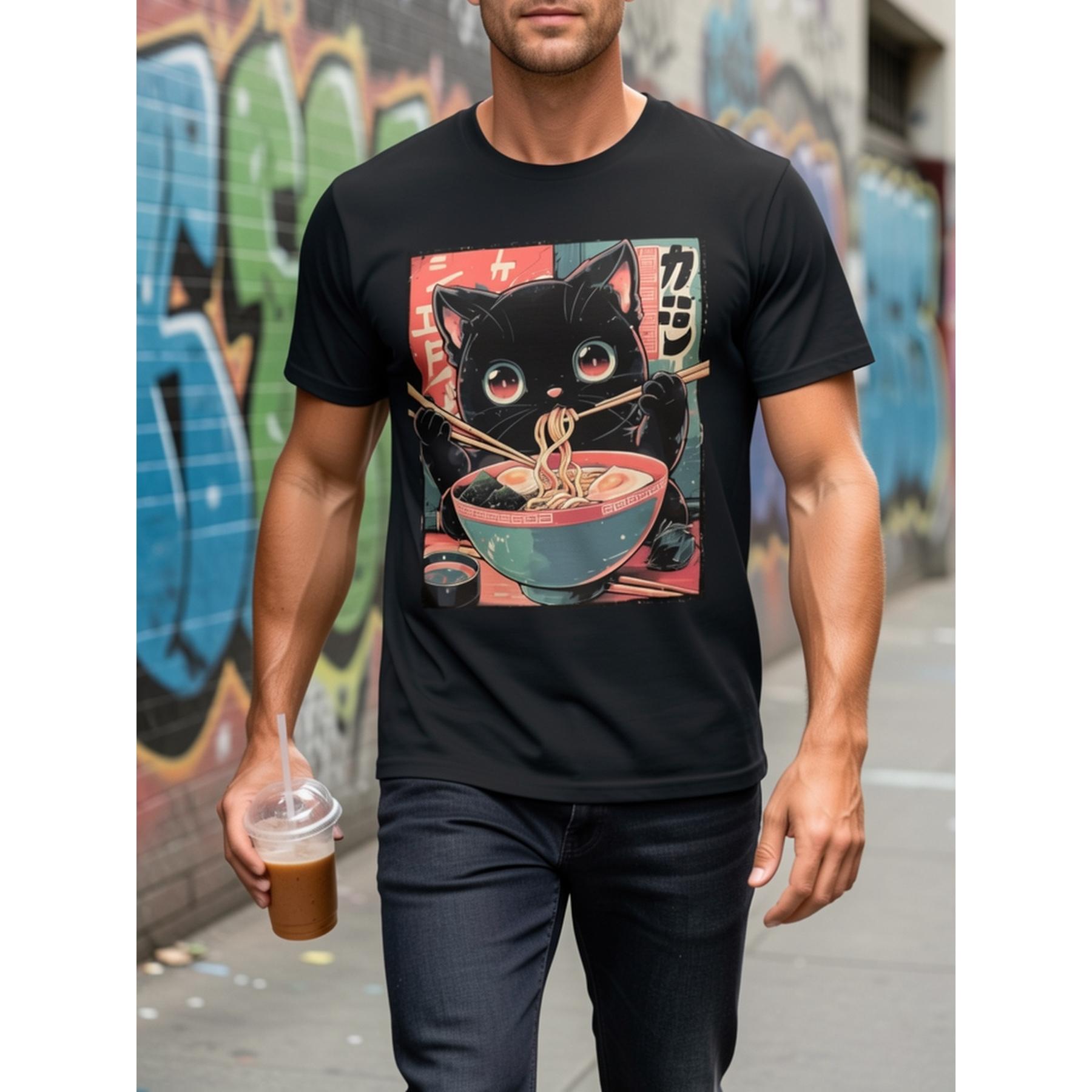 Cute Cat Eating Ramen Anime T-Shirt Japanese Kawaii Noodle Lover Graphic Tee Ramen Bowl Kitten Design Unisex Summer Casual Top Soft Cotton Crew Neck Vintage Style