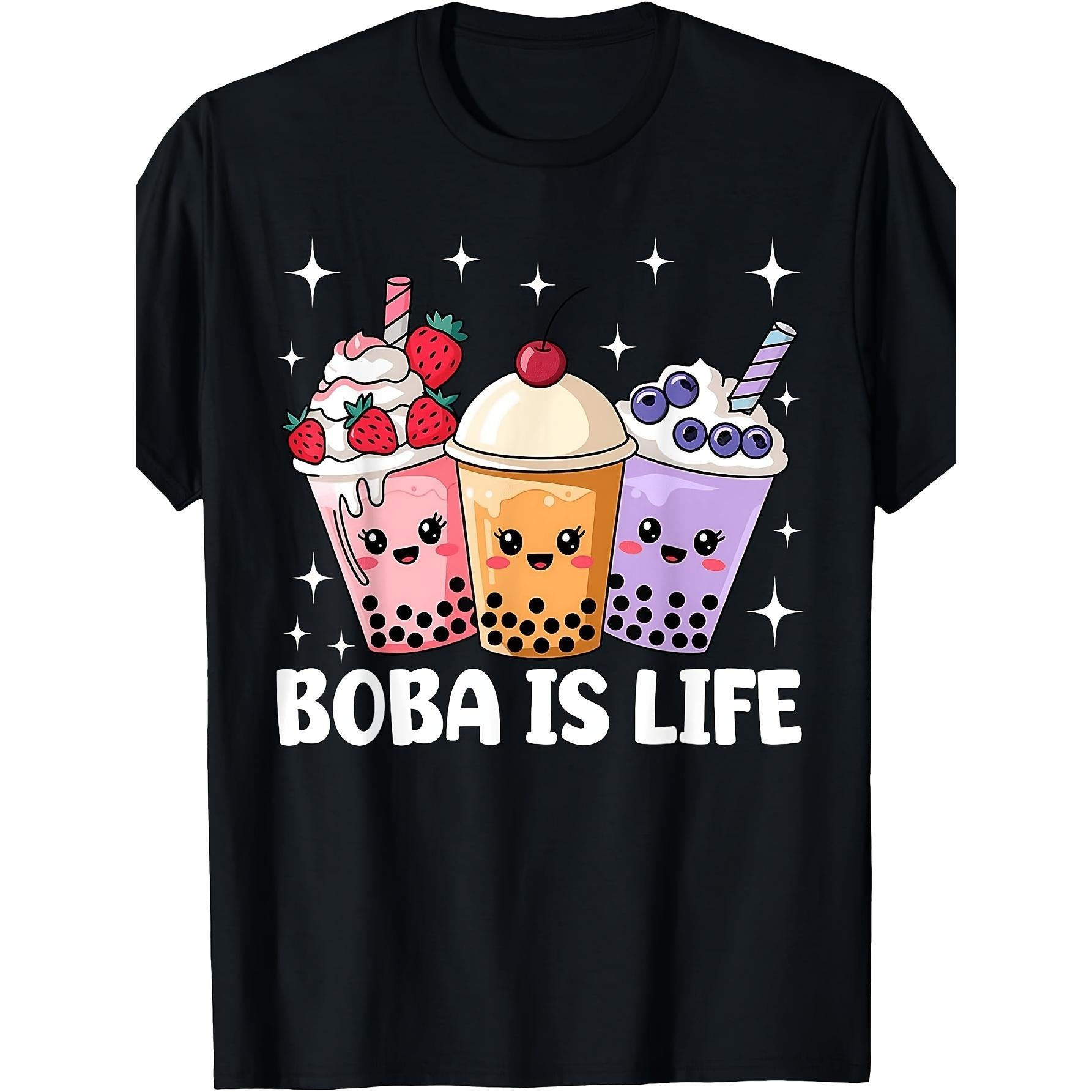 Boba Is Life Retro Bubble Tea Graphic Tee for Men Women, Kawaii Milk Tea Cup Print Short Sleeve T-Shirt, Casual Crew Neck Top for Boba Lover Gift