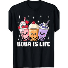Boba Is Life Retro Bubble Tea Graphic Tee for Men Women, Kawaii Milk Tea Cup Print Short Sleeve T-Shirt, Casual Crew Neck Top for Boba Lover Gift