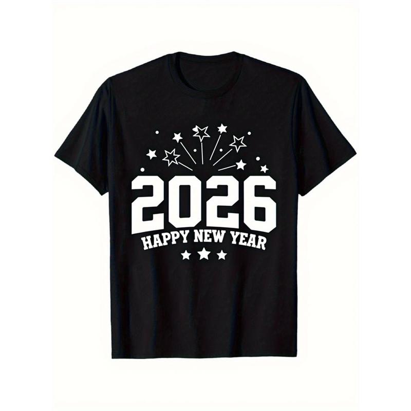 Men's & Women's 2026 Happy New Year T-Shirt - 2026 Number & Fireworks/Stars Print, Black with White Lettering, Relaxed Fit Soft Stretch Breathable Fabric