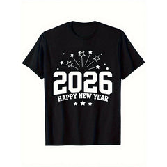 Men's & Women's 2026 Happy New Year T-Shirt - 2026 Number & Fireworks/Stars Print, Black with White Lettering, Relaxed Fit Soft Stretch Breathable Fabric