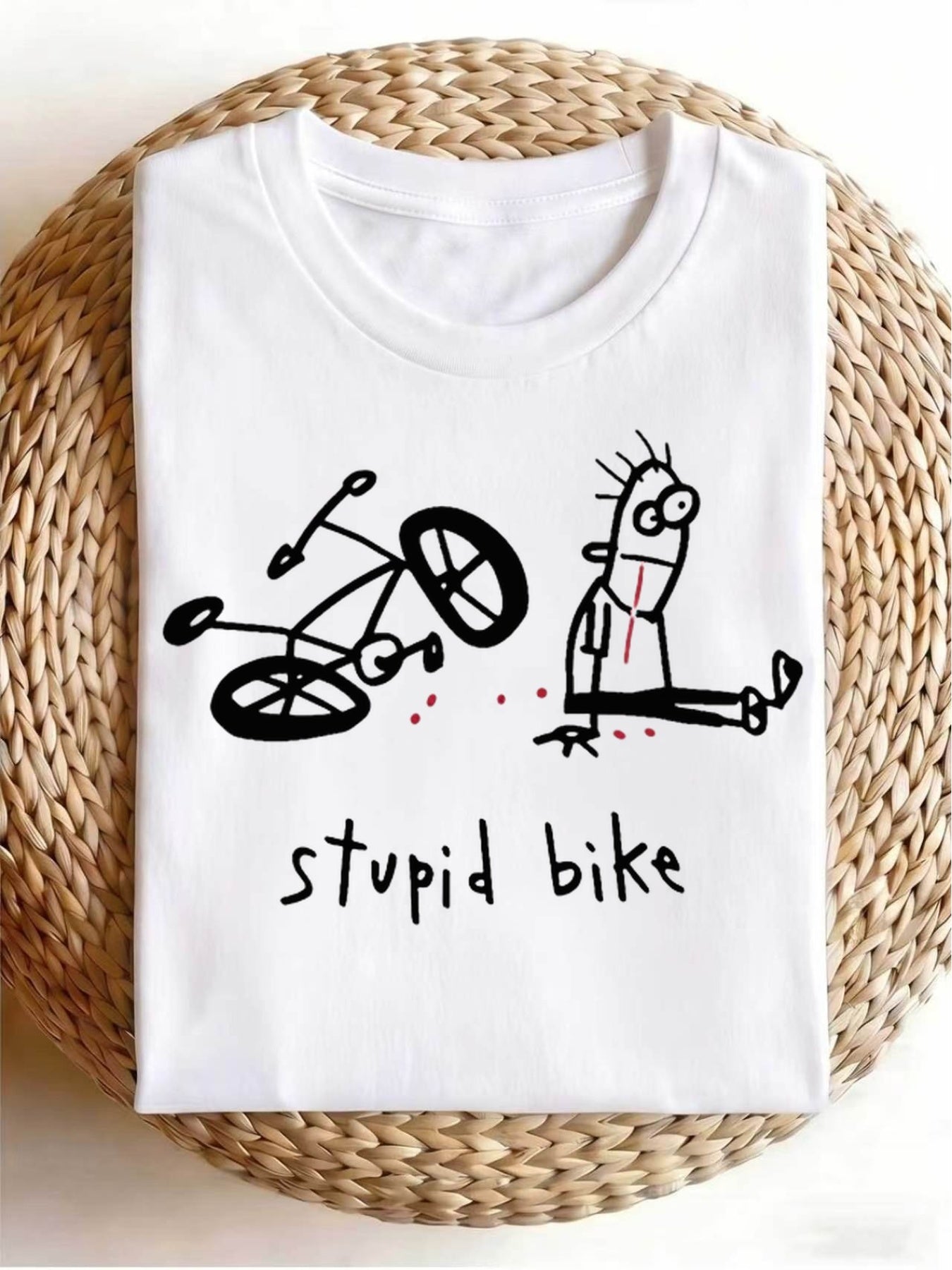 Women’s Stupid Bike Funny Cartoon Doodle Graphic Short Sleeve T-Shirt, Sarcastic Humor Crew Neck Casual Novelty Top