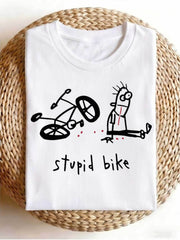 Women’s Stupid Bike Funny Cartoon Doodle Graphic Short Sleeve T-Shirt, Sarcastic Humor Crew Neck Casual Novelty Top