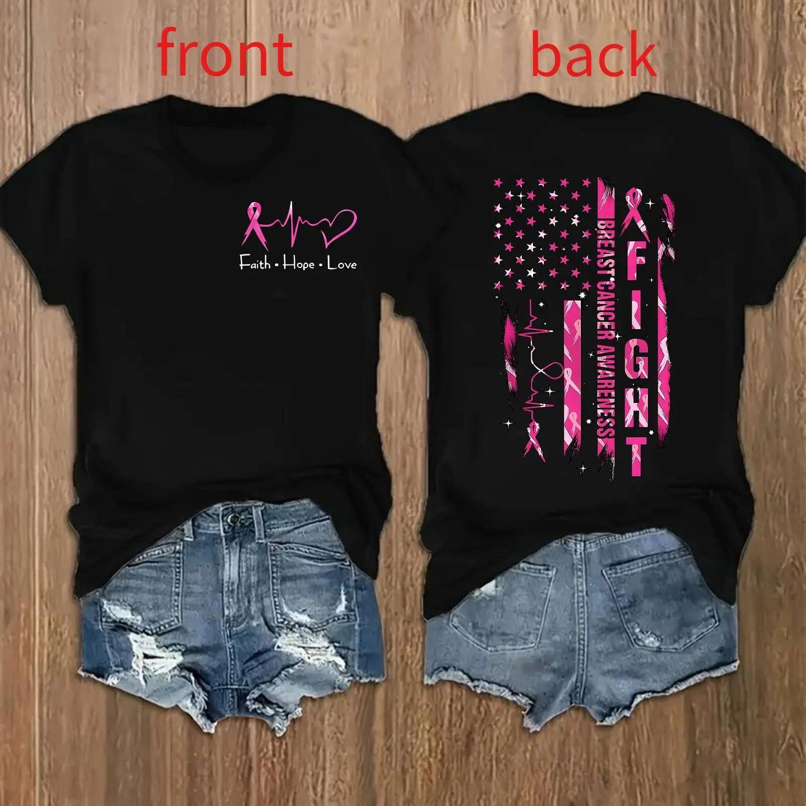 Women's Breast Cancer Awareness Graphic Print T-Shirt - Short Sleeve Crew Neck Casual Top with Pink Ribbon & "Empowerment" Design