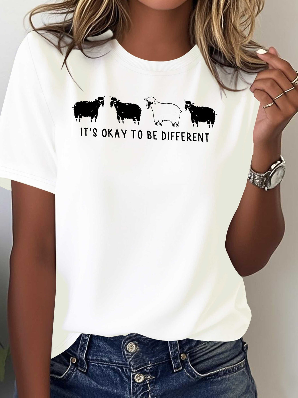 Women's Inspirational Sheep Graphic Tee, It's Okay to Be Different Positive Quote T-Shirt, Cute Black and White Sheep Print Casual Crew Neck Short Sleeve Top, Animal Lover Gift, Everyday Comfortable