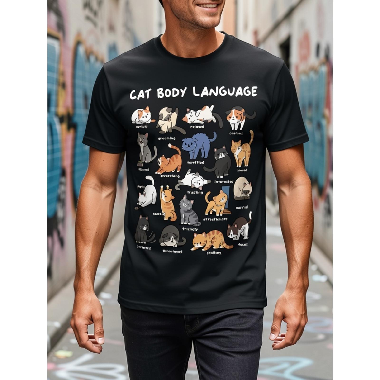 Cat Body Language Cute Kitty Graphic T-Shirt, Unisex Soft Cotton Crew Neck Tee, All Season Fun Trendy Tee, Ideal For Cat Lovers And Pet Enthusiasts