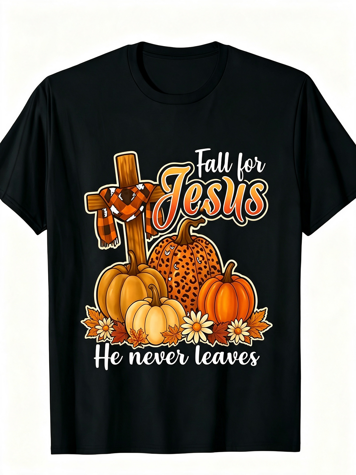 Fall for Jesus He Never Leaves Graphic T‑Shirt, Autumn Pumpkin Cross Christian Women’s Casual Short Sleeve Tee