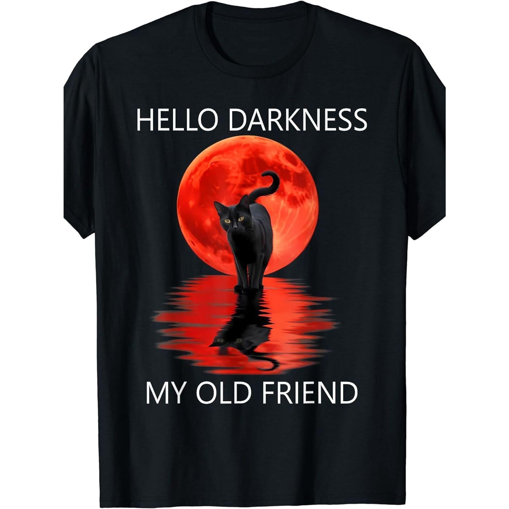 Hello Darkness My Old Friend - Black Cat Hello Darkness T-Shirt Funny Crew Neck Tee with Stylish Print Casual