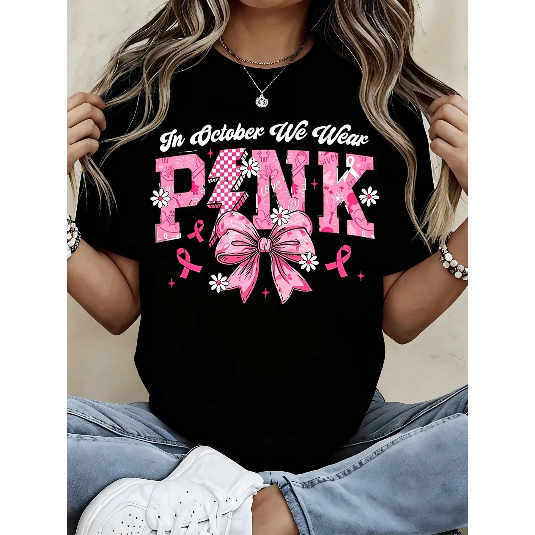Women Breast Cancer Awareness In October We Wear Pink Bow Floral Graphic T Shirt Casual Short Sleeve Tee Support Gift