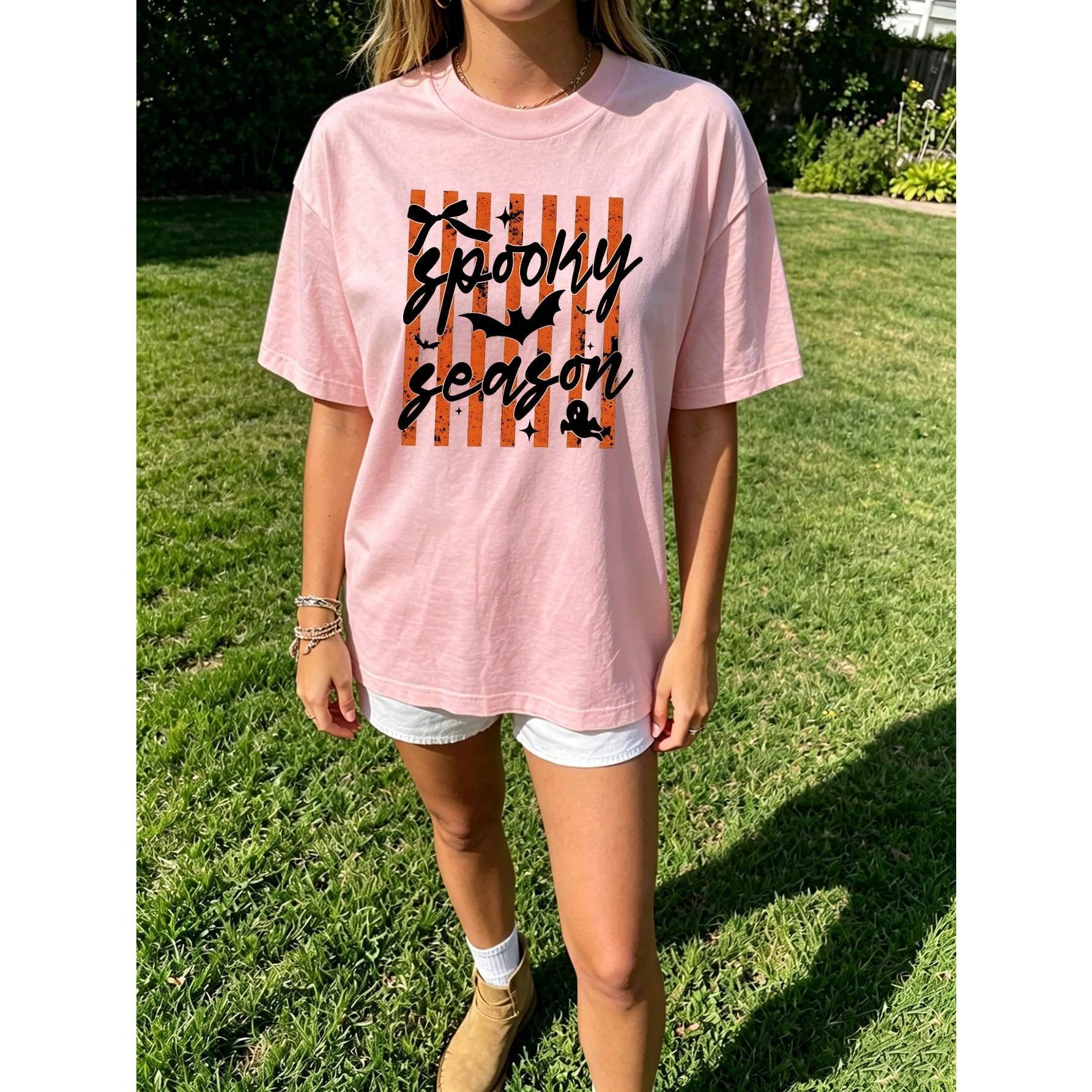 Spooky Season Halloween Graphic Tee Striped Bow Bat Print Cute Ghost Retro Holiday Short Sleeve Crewneck T-Shirt Aesthetic Top