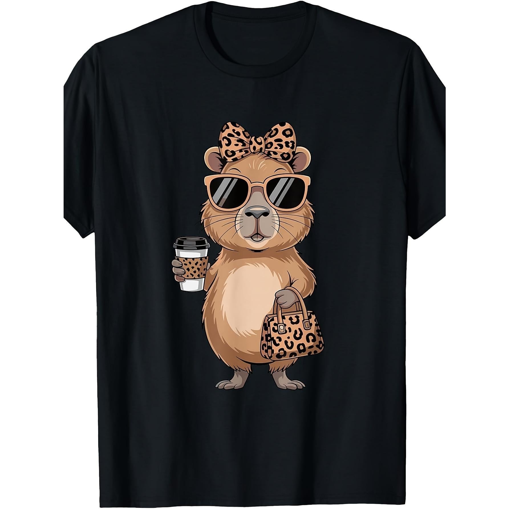 Retro Capybara Leopard Print Funny Cute Animal Graphic T-Shirt Capybara Meme Casual Summer Top Unisex Gift for Animal Lovers Soft Cotton Crew Neck Vintage Style