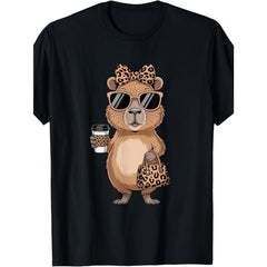 Retro Capybara Leopard Print Funny Cute Animal Graphic T-Shirt Capybara Meme Casual Summer Top Unisex Gift for Animal Lovers Soft Cotton Crew Neck Vintage Style