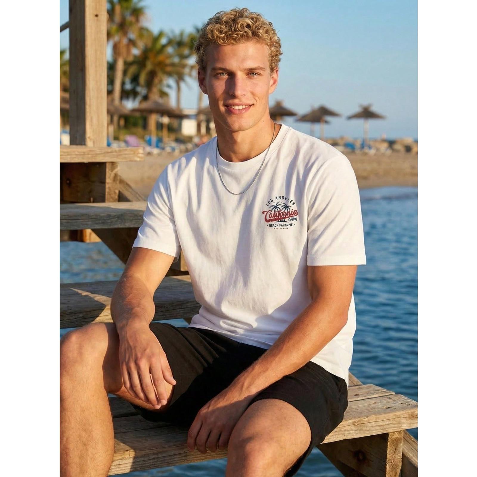 Men Los Angeles California Surfing Graphic T‑Shirt, Front Back Print West Coast Beach Paradise Casual Crew Neck Short Sleeve Tee For Summer Daily