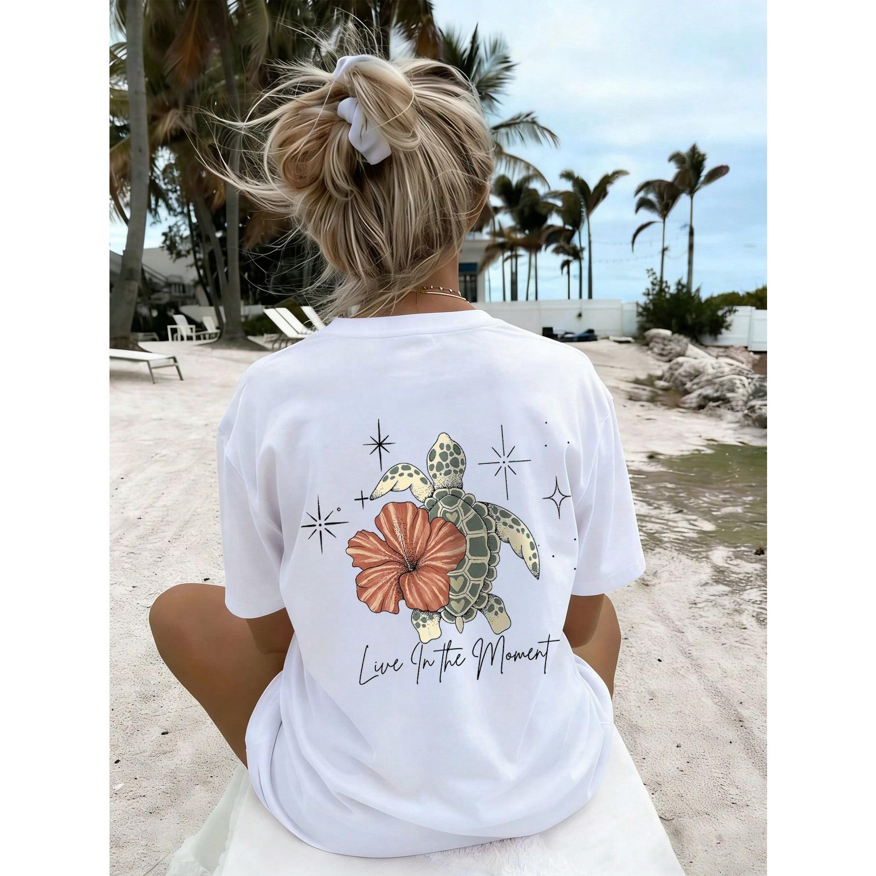 Women's Summer Turtle, Floral & Letter Print Casual Loose Round Neck Beach Vacation T-Shirt White