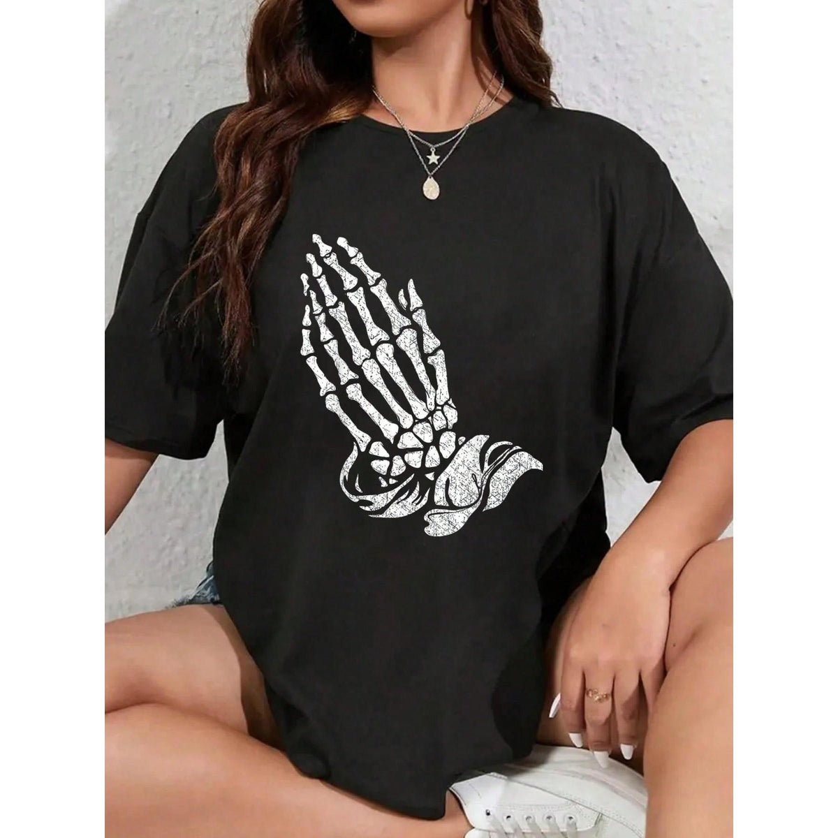Praying Skeleton Hands TShirt Women's Short Sleeve TShirt Crew Neck Tee Tops