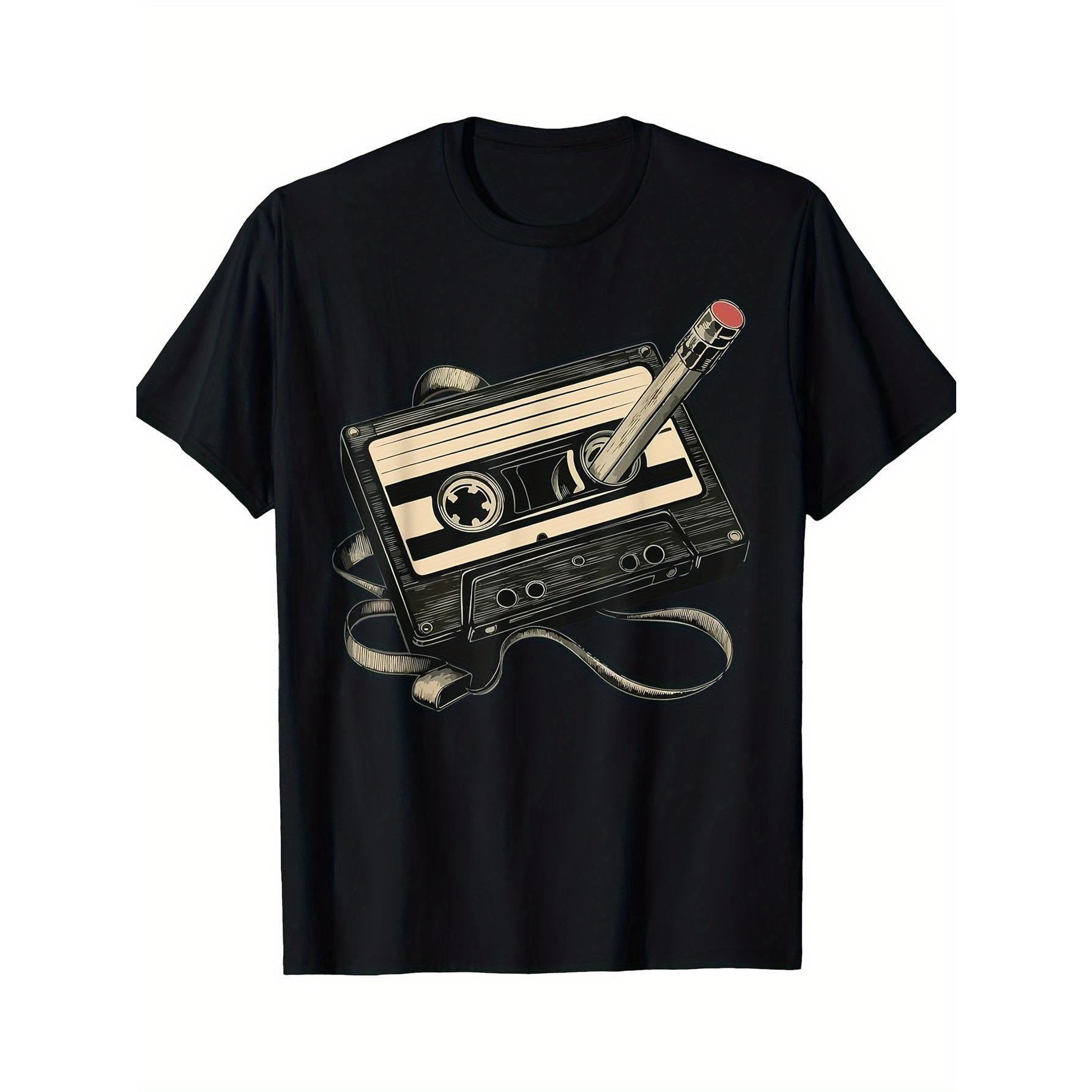 Vintage Style Black T-Shirt with Red Accents - Men's Nostalgic Cassette Tape and Pencil Print T-Shirt - Regular Fit Spring Summer Autumn Casual Shirt - for Outdoor Hiking, Fitness, and Daily Wear - Hiking Gear - Nostalgic Design - Crew Neck