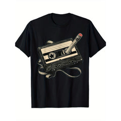 Vintage Style Black T-Shirt with Red Accents - Men's Nostalgic Cassette Tape and Pencil Print T-Shirt - Regular Fit Spring Summer Autumn Casual Shirt - for Outdoor Hiking, Fitness, and Daily Wear - Hiking Gear - Nostalgic Design - Crew Neck