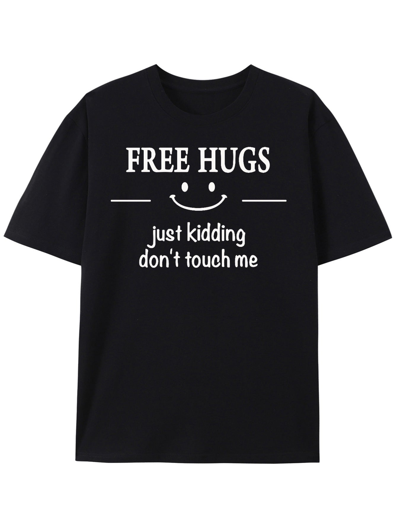 Unisex Funny Sarcastic Graphic T‑Shirt, Free Hugs Just Kidding Don't Touch Me Print Crew Neck Short‑Sleeve Tee Men Shirts