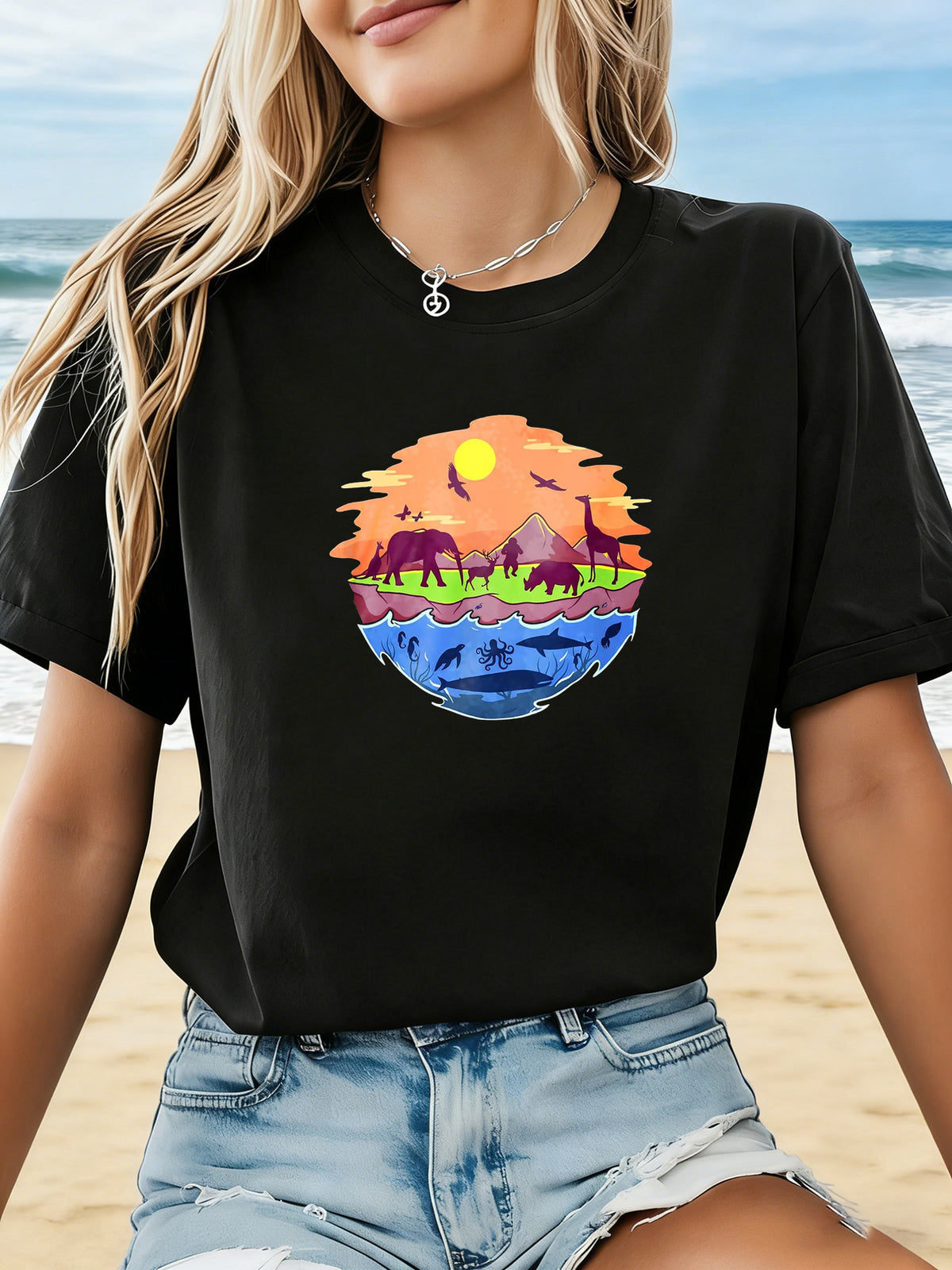 Earth'S Ecological Animals Graphic Print Women'S T-Shirt, Short Sleeve Crew Neck Casual Top, Women'S Clothing