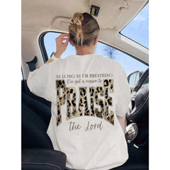 Praise The Lord Leopard Graphic T-Shirt, Christian Casual Round Neck Short Sleeve Tee For Women Summer