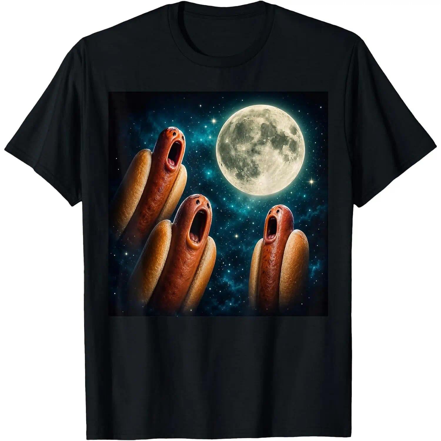 Men's Round Neck Short-Sleeve Pure Cotton Casual Fashion T-Shirt, Unisex 3 Magical Hotdogs Howling at the Moon Funny Meme Graphic Streetwear, Summer Gifts