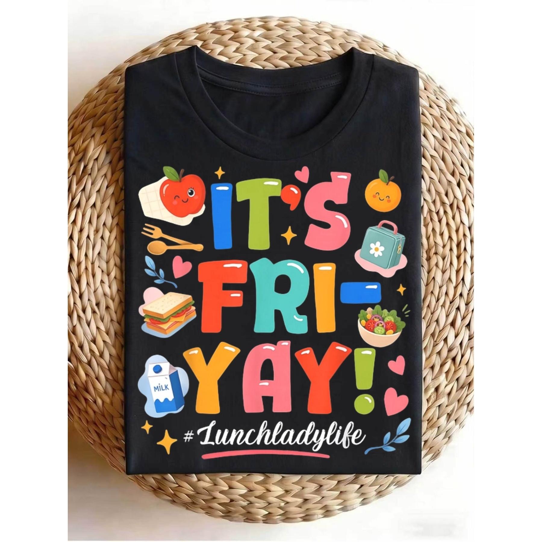 “Happy FriYay” Lunch Lady Life Tee – Funny Vintage Graphic Shirt for Men Women, Unisex Retro Casual Crewneck