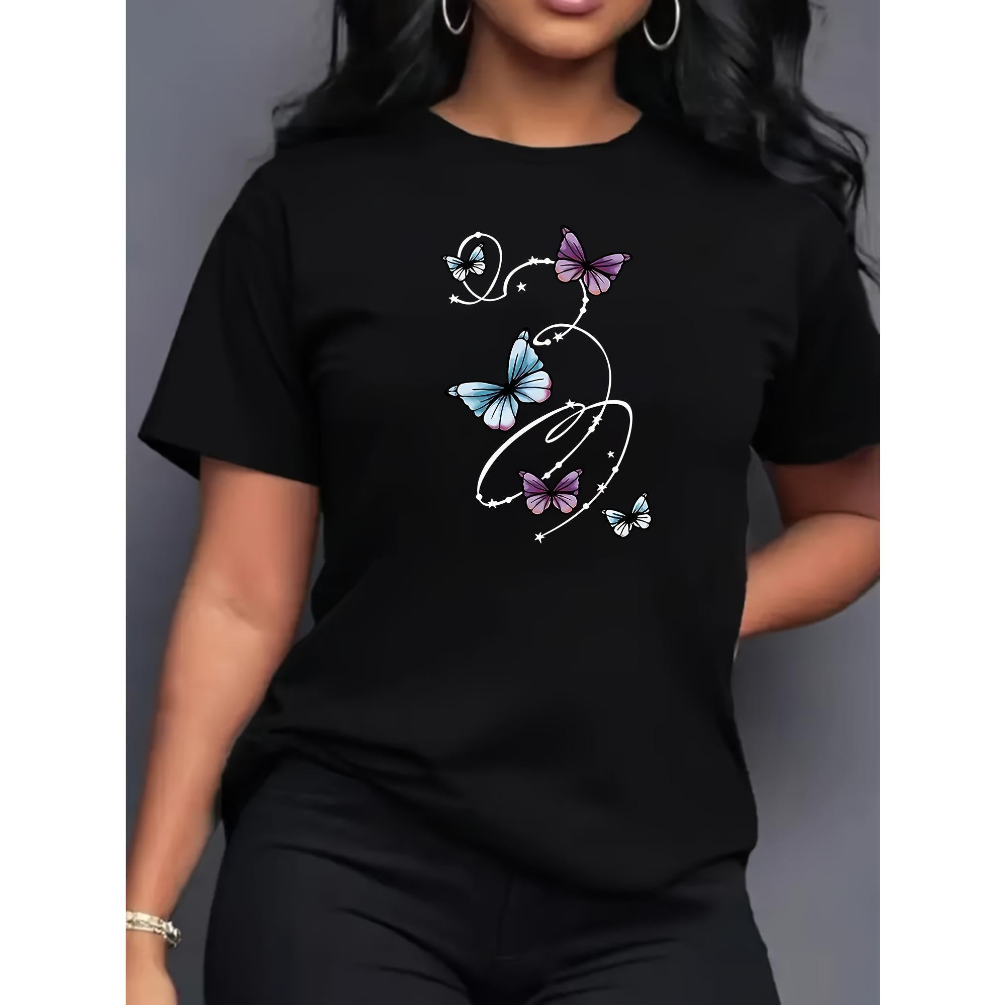 Butterfly Printed T-Shirt, Women's Short-Sleeve, Comfortable Sports English Design, Top T-Shirt