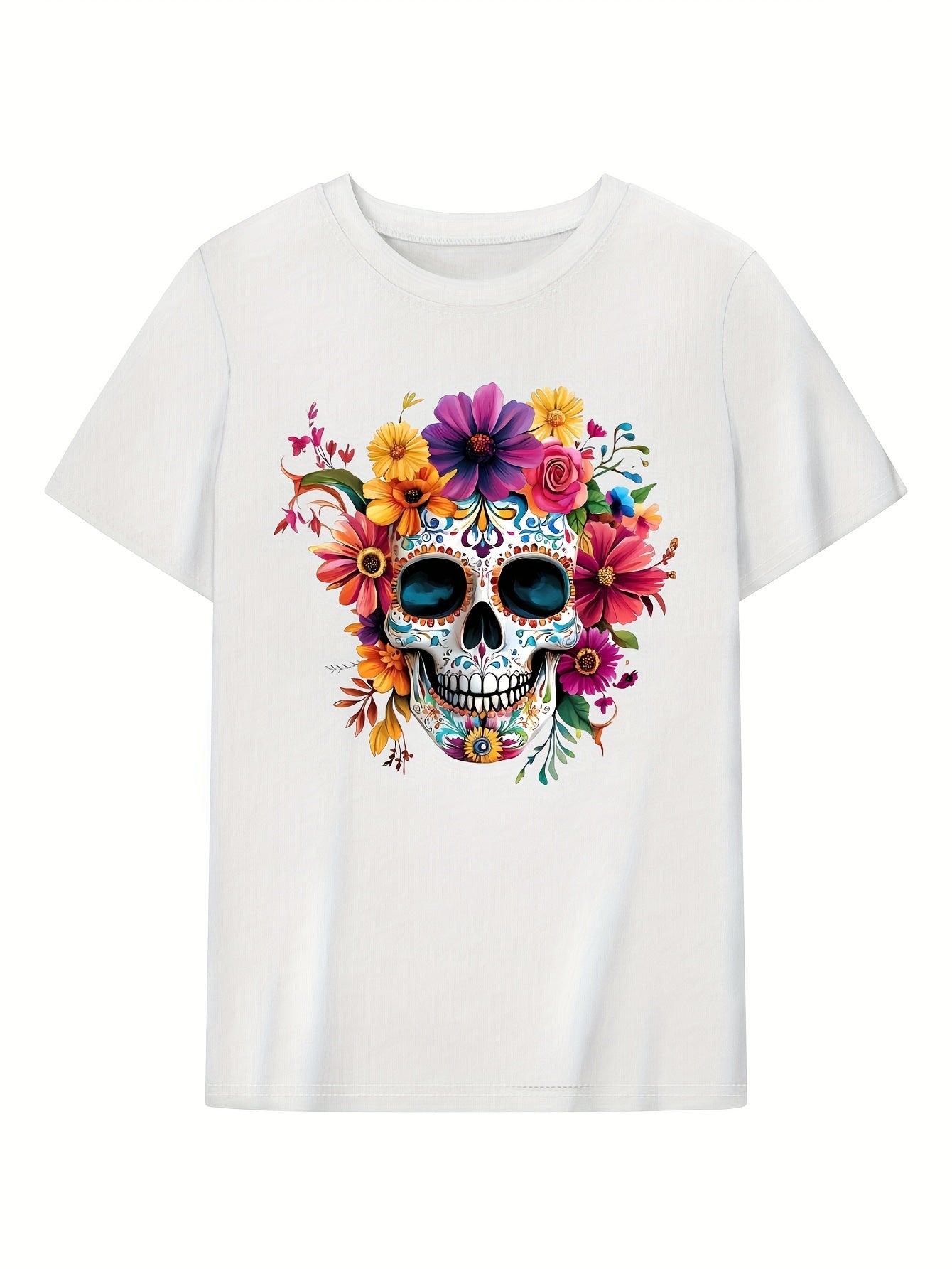 Casual Women'S T-Shirt, Halloween Print Round Neck Short Sleeve Top Flower and skull graphic T-shirt Halloween Gift，Women Clothing