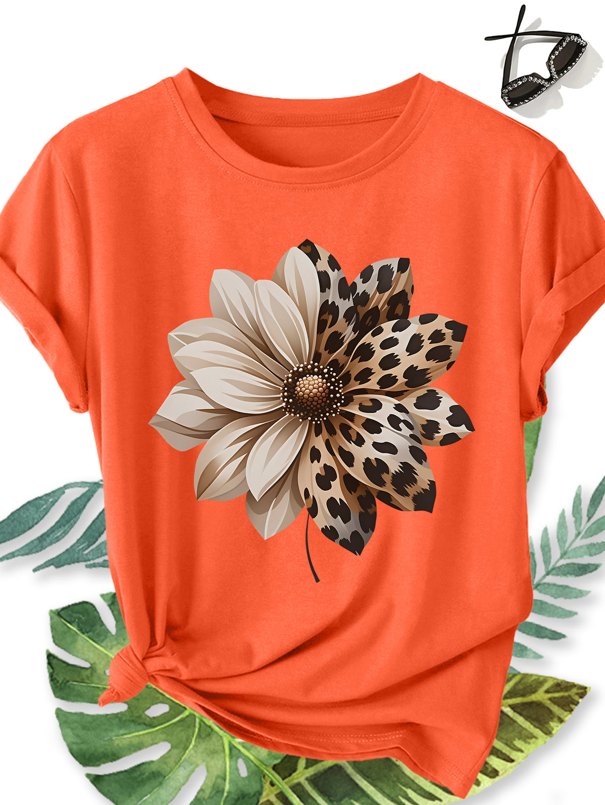 Women'S Elegant Style Plus Size Short Sleeve, Half Leopard Print Half Solid Dahlia Pattern Round Neck Comfortable