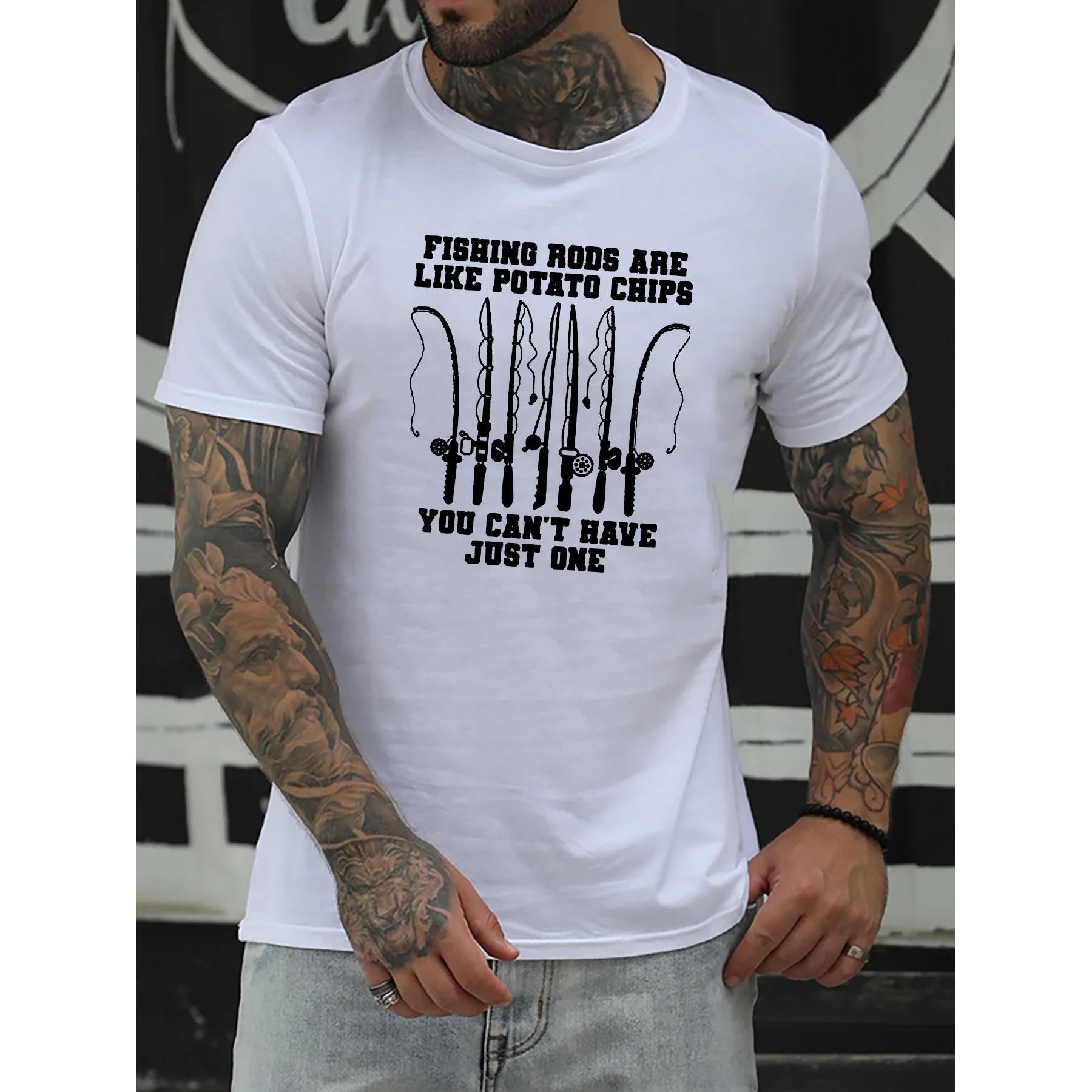 “Fishing Rods Are Like Potato Chips, You Can’t Have Just One” Funny Angler T-Shirt - Fishing Addiction Humor Graphic Tee, Unisex Casual Top