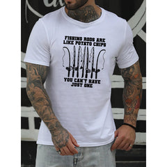 “Fishing Rods Are Like Potato Chips, You Can’t Have Just One” Funny Angler T-Shirt - Fishing Addiction Humor Graphic Tee, Unisex Casual Top