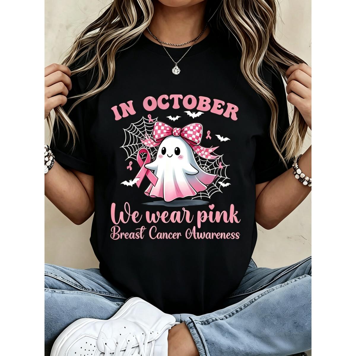 Women's White T-Shirt Cute Pink Ghost Spider Web In October We Wear Pink Breast Cancer Awareness Graphic Tee Casual Halloween Outfit