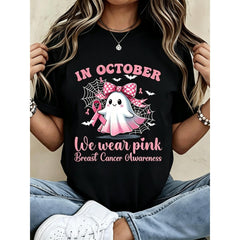 Women's White T-Shirt Cute Pink Ghost Spider Web In October We Wear Pink Breast Cancer Awareness Graphic Tee Casual Halloween Outfit
