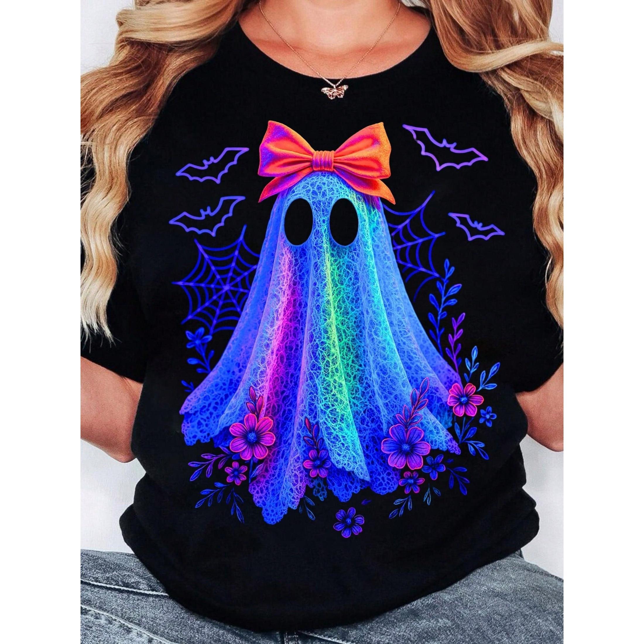 Summer Plus Size Women Halloween Lace Ghost Doll Bow Letter Print Crew Neck Short Sleeve Tee