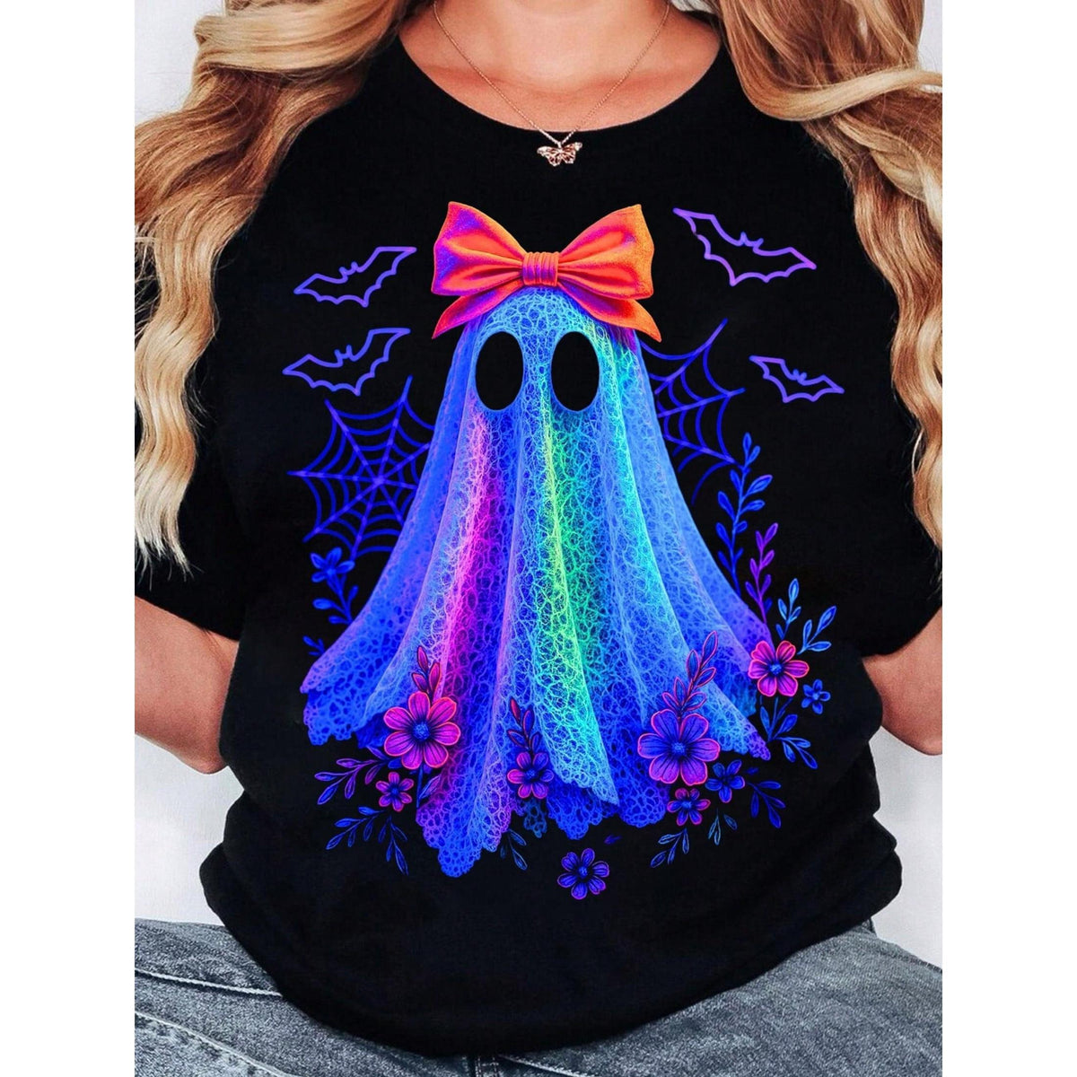 Summer Plus Size Women Halloween Lace Ghost Doll Bow Letter Print Crew Neck Short Sleeve Tee