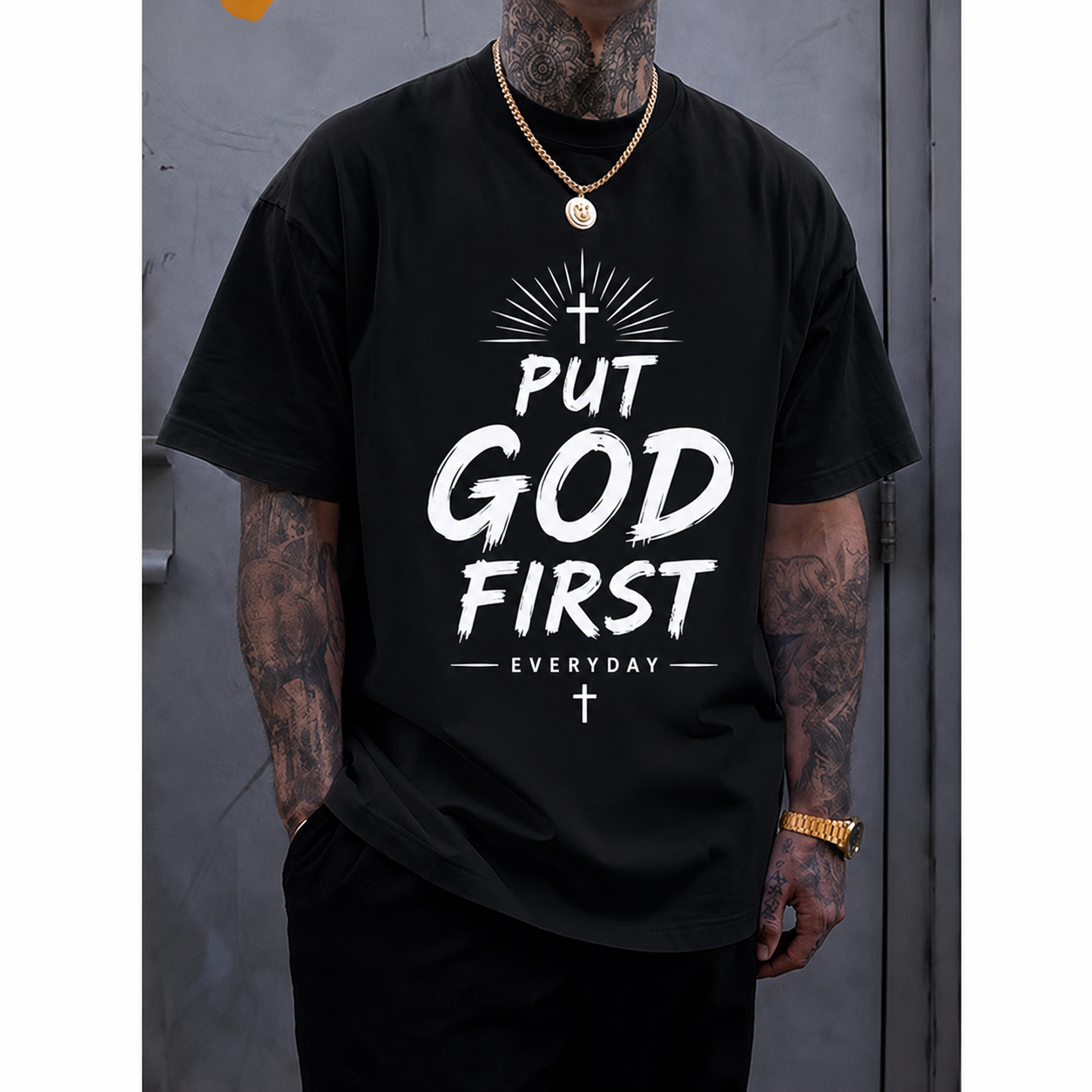 Men's Christian Graphic T-Shirt, "Put God First Everyday" Inspirational Faith Quote Print Casual Crew Neck Short Sleeve Tee, Religious Gift Shirt for Men
