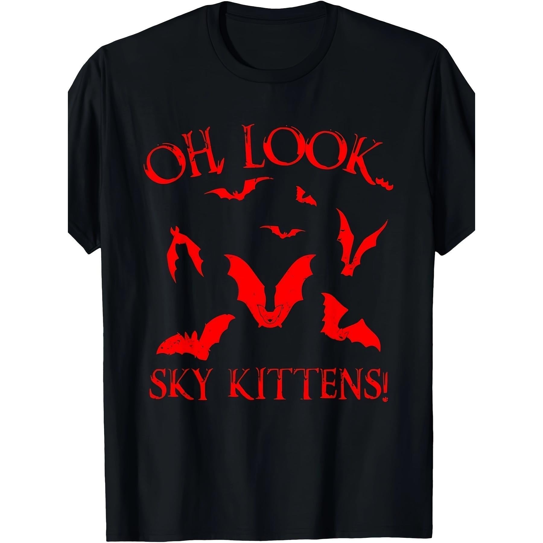 Oh Look Sky Kittens Funny Bat Lover Gothic Horror Halloween T-Shirt Cute Spooky Bat Silhouette Graphic Tee Unisex Summer Casual Top Soft Cotton Crew Neck Vintage Style
